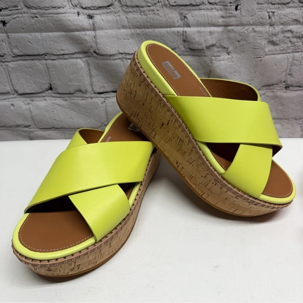 Fitflop Eloise leather Neon Lime Crisscross Platform Slide Sandals size 6 nwot